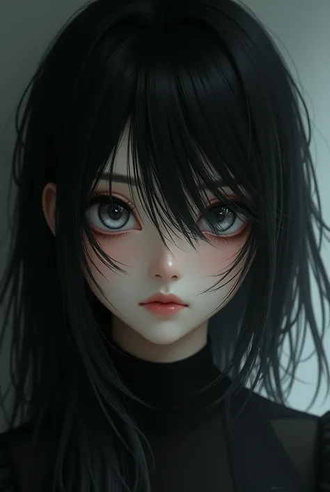 Create a  girl with dark black hair with defined lines, round droopy eyes with lashes through the hair.