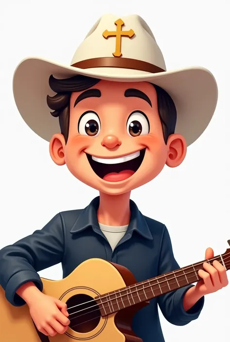  Cartoon drawing of a man in a white hat that has a cross ,  a dark blue blouse and he is holding a light brown guitar, He is lighting up happily with his eyes open ,  he doesnt have a beard.