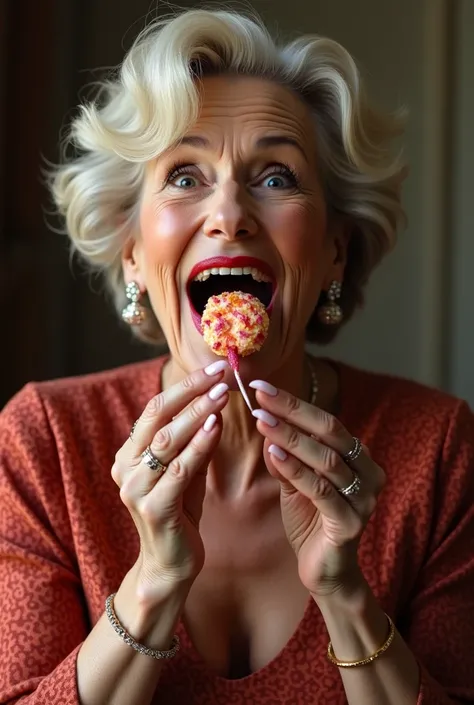 Woman 50 years old dressed up holding  devours candy 