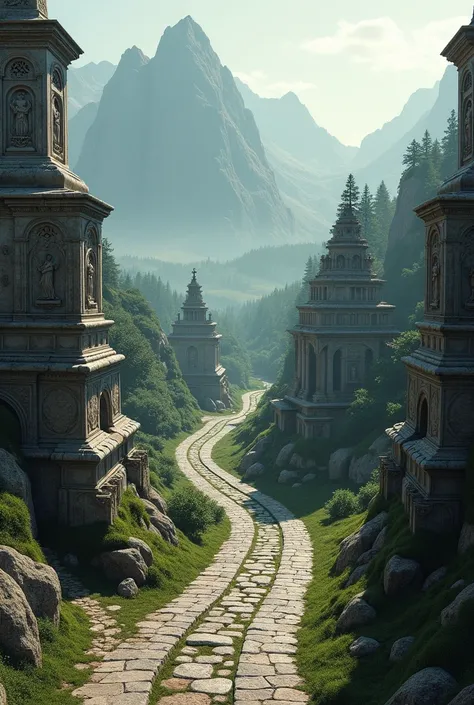 A depiction of an ancient long road with important landmarks (books,  family portraits , and historic monuments ).