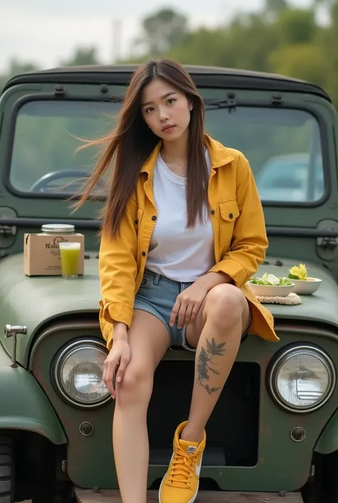  Beautiful Asian European woman 25 years old with very long hair straight brown blowing wind tied backwards wearing white t-shirt with sandals. in yellow cargo jacket , in shorts ,tattooed calf , wearing yellow Nike shoes sitting on top of a car Clasik jee...