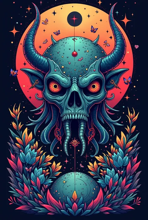 vector illustration design, t-shirt design, colourfull, occult mystic nightmare dreamfull cosmic fantasy surreal paradise xeno metamorph world, with curious style and mindblowing ideas, extreme sharp details, maximum intricately