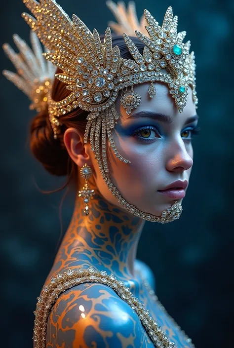 Jewelry Ornaments, fantastic head ornaments with crown, intricate details, super realistic, diamonds, rubies, sapphires, emeralds, neck, arms, earrings, all very intricate, Originality , retrato ultra detallado,  beautiful woman very similar to Scarlett Jo...