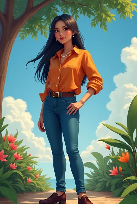 A beautiful full body Indonesian face beautiful sweet dazzling long straight hair orange shirt fit into long blue jeans belt brown blue shoes again standing leaning body against a teak tree in a flower garden and a wide blue sky 