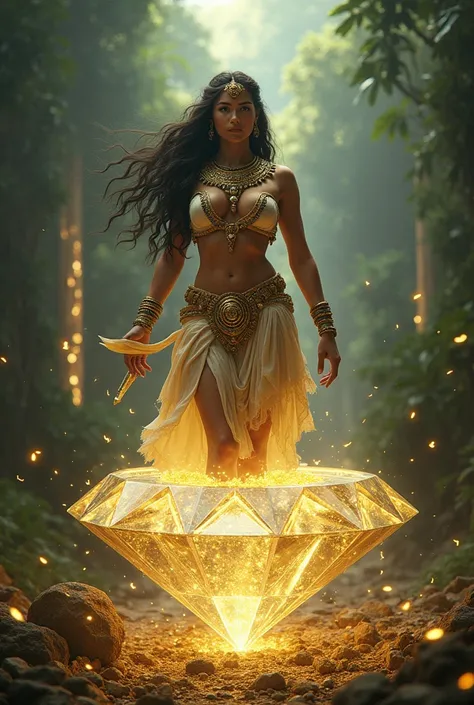  Precious and intelligent Mayan woman leads Hernan Cortes Army, emerging from a diamond surrounded by gold and precious jewels 