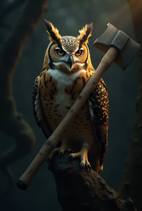  A realistic owl holds an ax in one paw, and the other paw is standing on a tree branch . dark background.  Golden rays come from an owls head . 