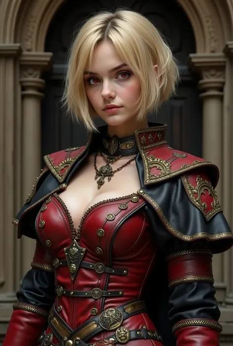  young girl, Shes beautiful and cute, She is about 18 years old , she is blonde and has short hair ,  she is wearing a medieval leather outfit,  with gold details and silver buckles ,  she has red eyes and white skin , She&#39;s inside a castle,  she has l...