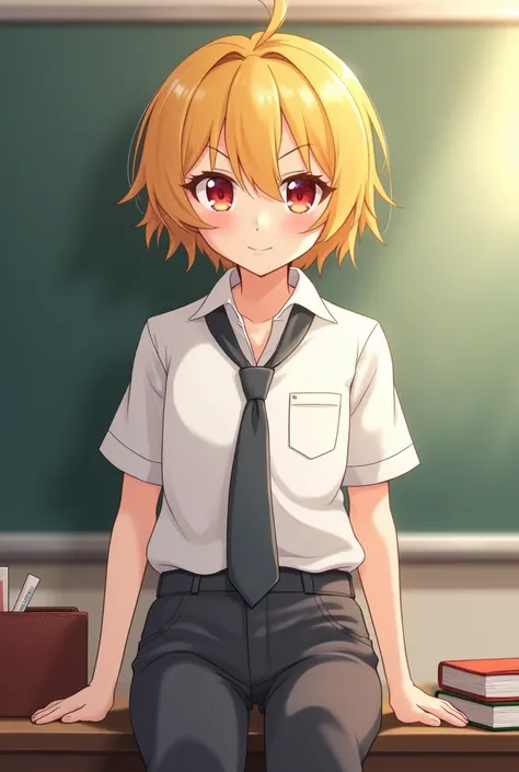 " An anime-style depiction of a young student with striking red eyes and simple, short yellow hair.  He is wearing a casual school uniform ,  including a white shirt ,  a loose tie and well-aligned pants .  The setting is a quiet classroom ,  with wallets ...