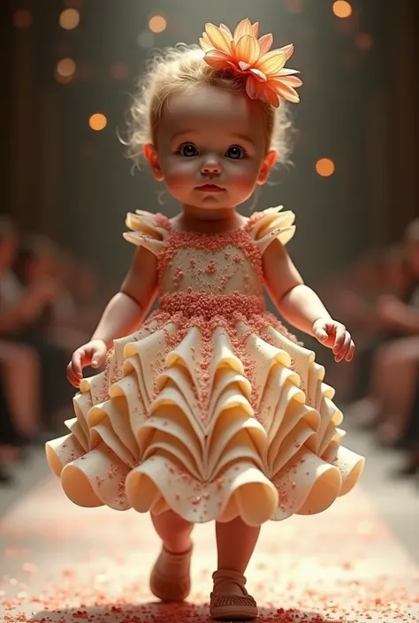 Baby, wearing a dress made of slices of cake, filled with chocolate decorated with confetti, in relief, and on the babys head a hair ornament, made of pieces of cake, filled, in relief, parading on the catwalk, ultra realistic 4k