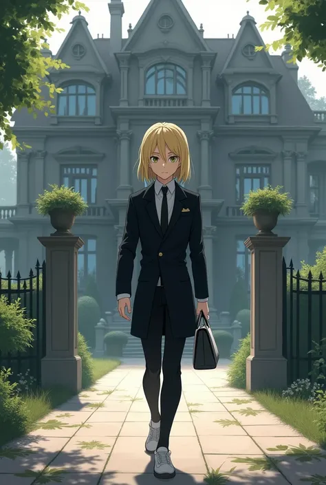 A 19-year-old blond boy in a black dress, a black tie and white shoes.,Hes walking to a house, The image must be anime-like 
