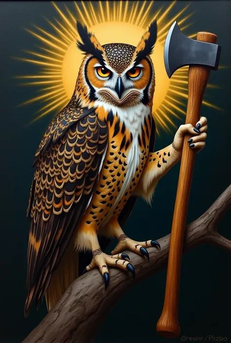 Realistic owl ,  painted in the style of an old Orthodox icon, one paw holds an ax , and the other paw is standing on a tree branch . dark background.  Golden rays come from an owls head . 