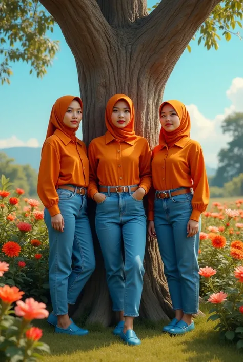 Three beautiful women full body Indonesian face beautiful sweet dazzling headscarf Oren orange shirt fit into long blue jeans brown belt blue shoes again stand leaning body against teak tree in flower garden and blue wide sky 