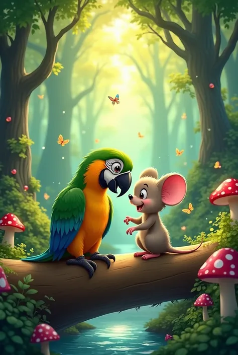 Create a parrot and a mouse that are friends in a Disney-style forest