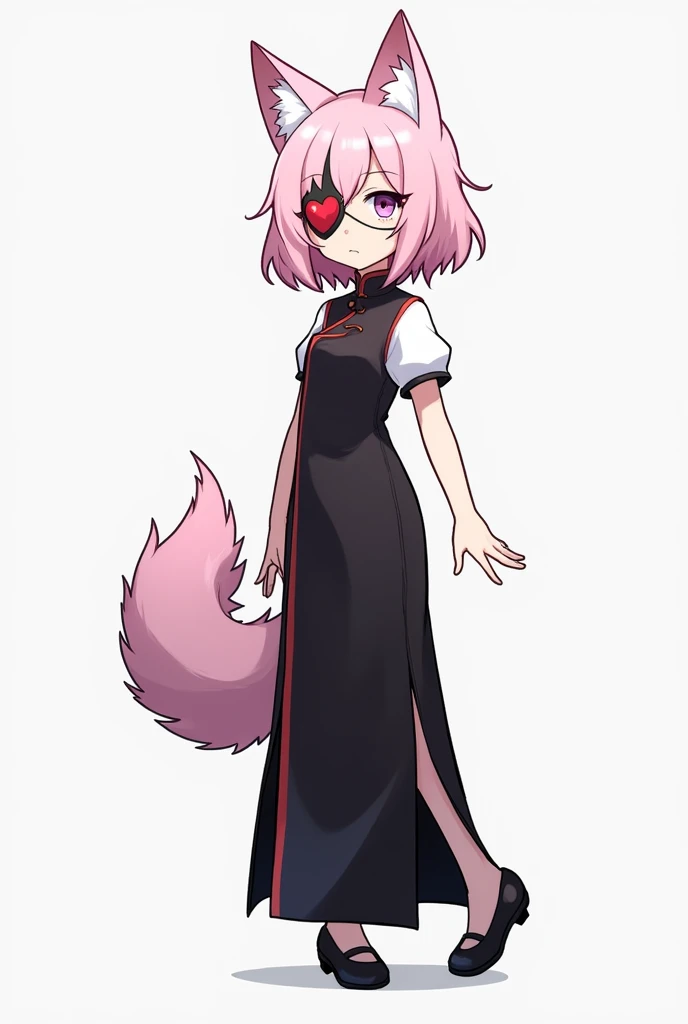 Girl with short pastel pink hair with bangs wolf ears and wolfs tail and heart-shaped patch that covers her left eye long black mandarin dress with slit on both legs not revealing black heels
