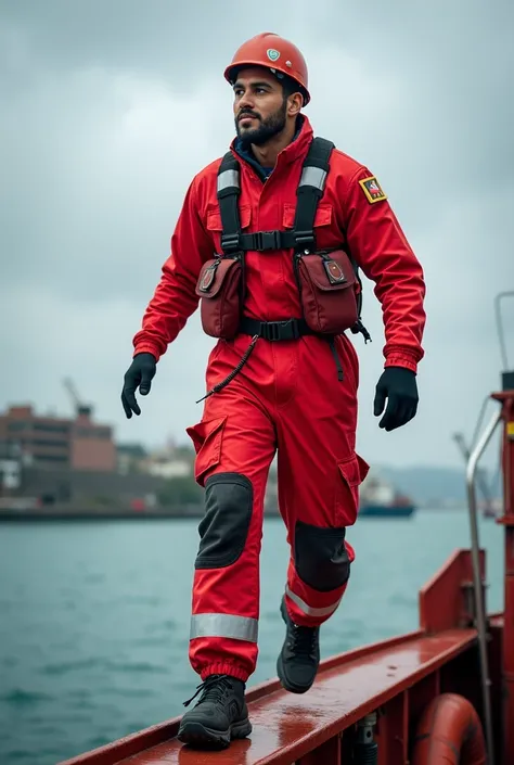  An Arafat man in red jumps and safety equipment on a boat, , pexels, letters, professional work, motivational, Profile photo, maintenance photo,  waist up , engineer, working hard, paul olivera, working, maintenance,  Standing on the deck of the ship , Da...