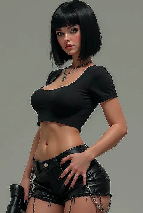  Straight black short hair up to the shoulders , wide hips and thick thighs, white leather small collarbones and small waist, black miniskirt with chains ,  tight black t-shirt with neckline and long sleeves , nails painted black 