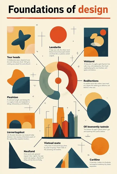  He works as a graphic designer
Generate an infographic with cartoon style that explains the following: :

Title:  foundations of design
Subthemes :
*Line and shape 
( leave space for text and add an image of lines and cartoonish figures in this section )
...