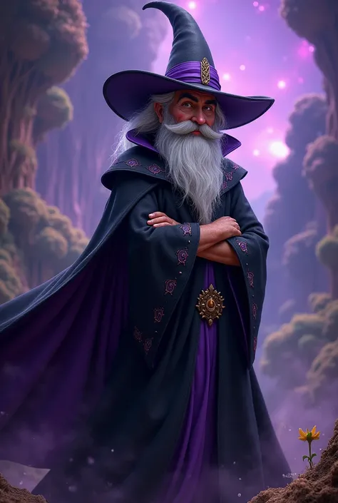  Disneystyle image of a  wearing a black and purple cape, Beard and black and purple hat 