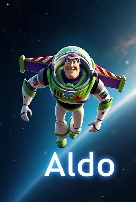 I would like an image of Buzz flying in space with the name of Aldo underneath 