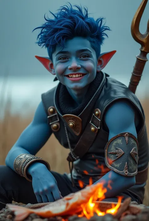 a 24-year-old, blue-skinned young man with wavy, blue haircut, with strands plus some of the dark strands almost black, eyes as big and deep as the ocean, a cheerful smile with sharp shark teeth, big pointed ears, blue skin, wearing a leather outfit with s...