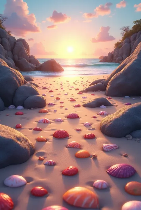 A beach with rocks and colored seashells and a sunrise 