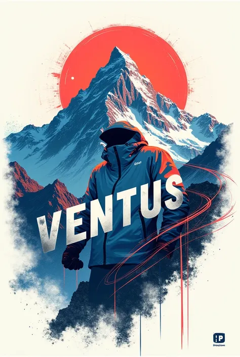  A stylized drawing of a mountain with modern features , representing adventure and sportsmanship .  It may include the name “Ventus” in solid letters with lines that mimic the wind. with the main object being the windbreaker (jacket)