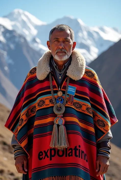 Peruvian man wearing an alpaca and a poncho marked “ExpoLatino” 