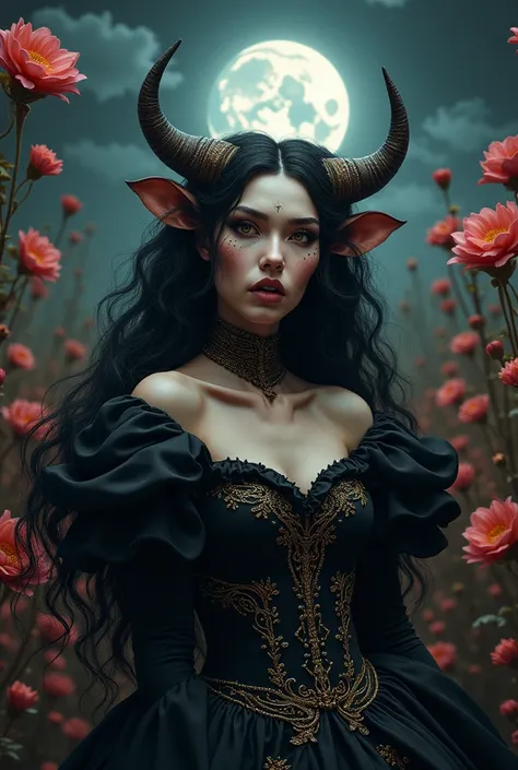 

 A woman with expensive cow-faced skin her hair and long curled hair she wears a flashy black roup she is in a place full of flowers with a full moon illuminated by her