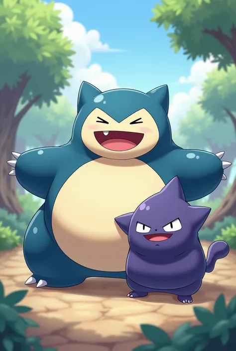 a wallpaper of Snorlax and Gengar in the same background but that doesnt look blurry in 8k but that have a pretty animated kiut face that they look cute