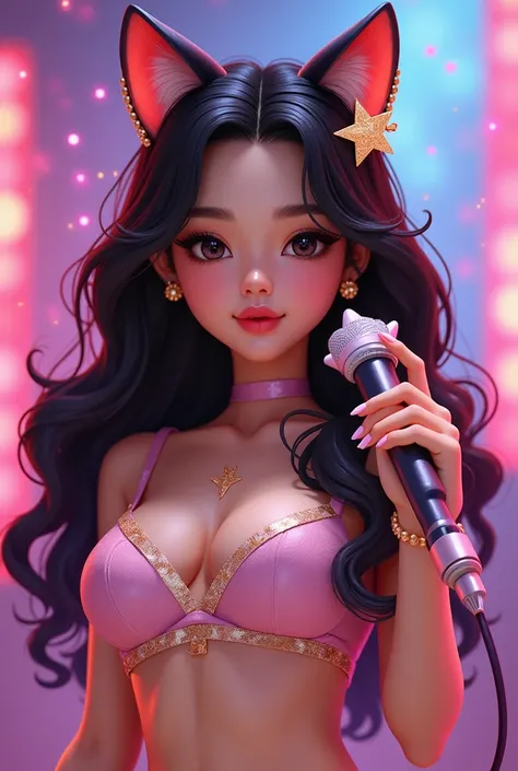 Create a Kpop idol in half cartoon style. Her features must be : dark brown hair,  black eyes , pele morena, and she has to have Latin features .  With cat clothes and a kitten microphone ,  in addition she must have a star accessory 