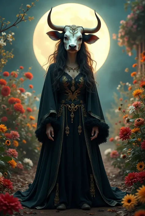 
 A cow(woman) With expensive cows face skin her hair and long curled hair she wears a flashy black roup shes in a crowded place what flowers with a full moon illuminated she