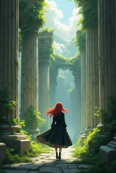 A girl, red hair, a black coat, stands with her back to the viewer, strange cracked marble columns overgrown with plants, the remains of an empire, 