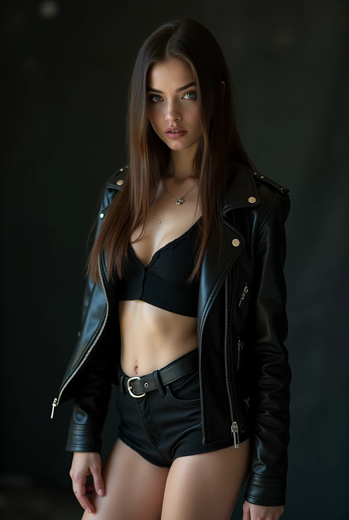 cute white skinned girl. beautiful grunge queen with straight long brown hair sugestive pose shiny black plastic bicker jacket with black minimalist black plastic leather Jacket wearing a very small black top and mini skirt posing for a picture,that accent...