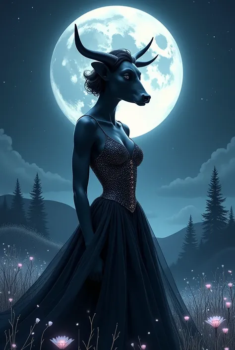  and wears a flowing black dress with silver metallic elements that reflect light :

 Description of the creative process of the cover :

1.  Character Concept :
 elements I created a character with human body and cows head ,  symbolizing strength and myst...