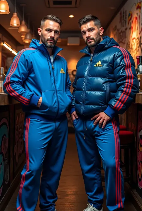 Graffiti urban style, portrait of medium body of two:chav guys handsome 30 year old Chavs,muscular and athletic,having a beer inside a bar in London, more scally men in the background, with beard, full blue elecetric leather cap "adidas" in yellow shiny la...