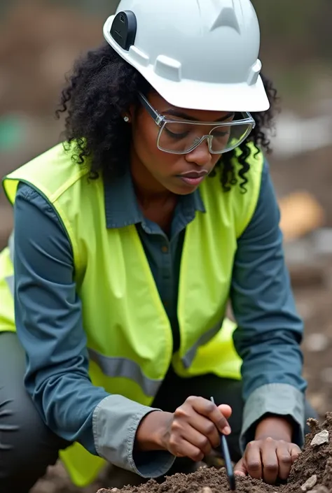 Image of a black woman with a lime green vest and white helmet and safety glasses holding a magnifying glass on her hands looking from the right at the waste point