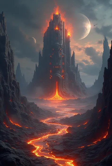 **Prompt para criação da superfície de um planeta com the Forge of the Masters :**

" An impressive alien landscape of an inhospitable and mystical planet ,  with volcanic terrain filled with black basalt cliffs ,  rivers of glowing lava flowing between de...