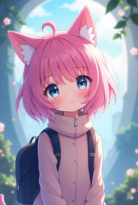 Anime girl with pink hair and cat ears and backpack, cute Anime cat girl,  cute girl anime visual,  Cute Anime Girls,  anime girl with cat ears , beautiful Anime cat girl,  Very beautiful anime cat girl ,   Anime Moe Art Style , Anime cat girl,  splash art...