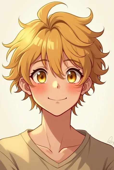 Cute blonde male teen fluffy hair smiling yellow eyes