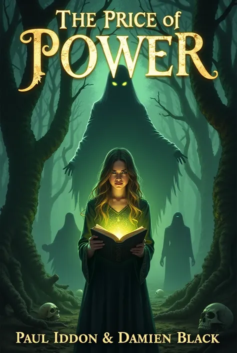 Create a dark and atmospheric book cover for the novel The Price of Power. The image must face the viewer directly and embody the themes of witchcraft, black magic, and dire consequences. The central focus is a young woman standing in the shadows of an anc...