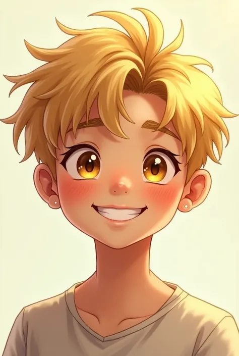 Cute blonde male teen fluffy hair smiling yellow eyes