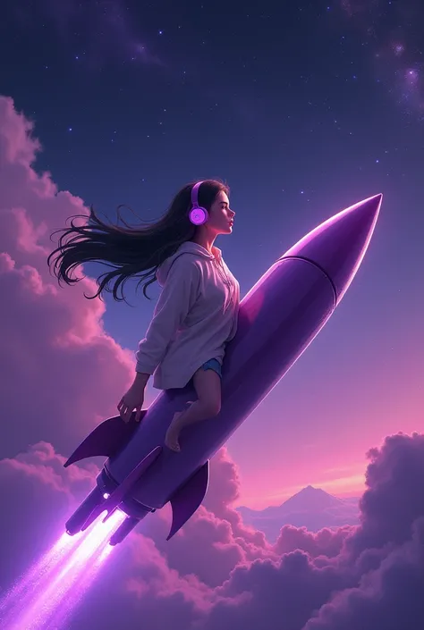 Woman in a cosmic Rocket, Woman flying on the cosmic Purple Rocket, Woman listening to music, Woman with purple headphone, Purple Universe, Purple sky, Purple Stars, Purple Galaxies, Shades of deep Purple and black, Realístic anime style 