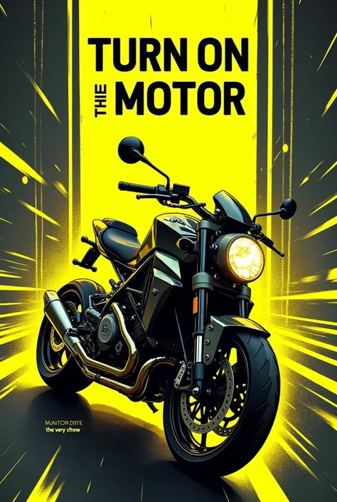 Make me a cover with fluorescent yellow with a motorcycle theme and that at the top it says turn on the motor in large letters and below the large letters that say the very chow in small letters.  