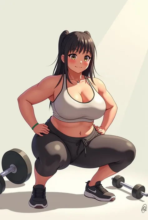 Anime sports bra style,  large breasts bigger than the head, Doing squats with the weight seen from the ass