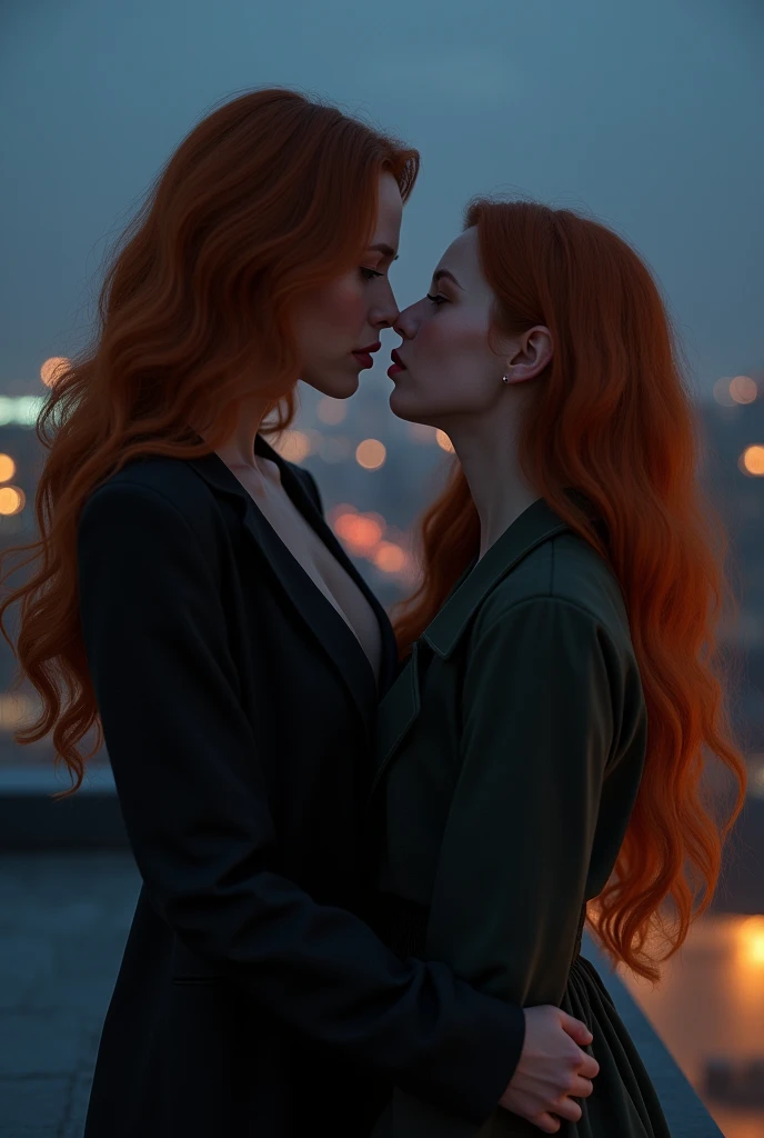 generate an ultrarealistic picture of "Victoria Neuman" from "The Boys" on a rooftop at night with a long haired redhead honey eyed girl with pretty pink lips. They seem in love