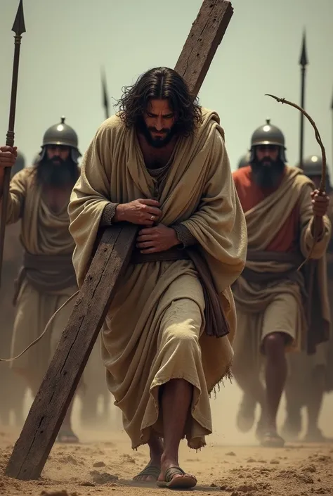 Jesus carrying the cross on his back very tired ,  Roman soldiers are walking after him with whips
