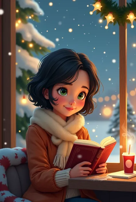 Disney Pixar cover
Girl with short dark wavy hair with honey green eyes, dressed in winter reading a book and holding a glass of Starbucks in her hand , With Christmas background 