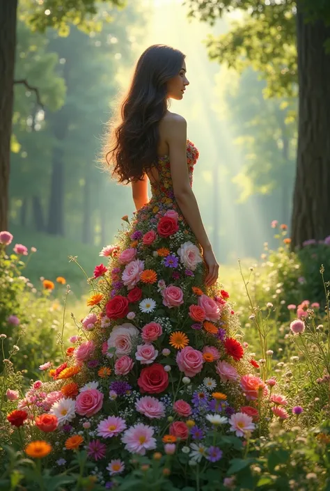 “A woman standing alone in a tranquil forest, wearing a stunning, floor-length dress made entirely of vibrant, multicolored flowers—roses, peonies, and wildflowers—that cover her completely and flow gracefully to the ground, concealing her feet. Her long, ...