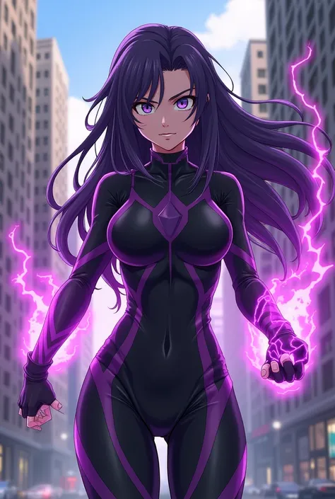 My Hero Academia girl with long dark purple hair and a tight black heroine costume and purple powers