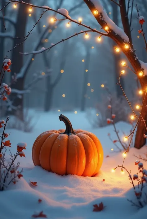 Autumnal, snow, pumpkin ,  garlands of light 